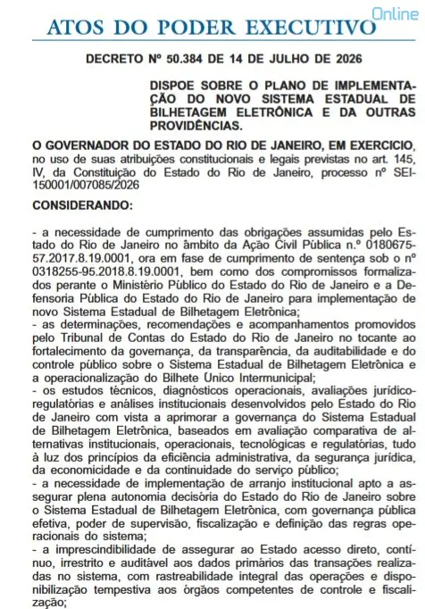 Decreto nº 50.384 moderniza a bilhetagem no Rio.